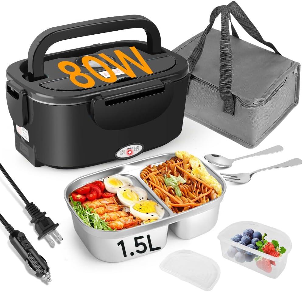 Electric Lunch Box 80W for Adults, 1.5L Lunch Warmer with 2 Compartments for Truck/Car/Work, Fast Portable Heated Lunch Box Food Warmer Heater 12/24/110V, Removable Stainless Steel Container
