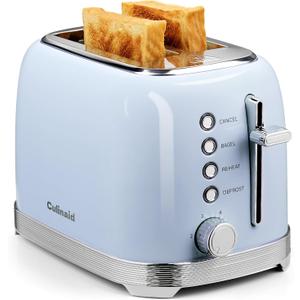 Toaster 2 Slice Retro Stainless Steel with 1.5 Extra Wide Slots Bagel, Defrost, Reheat, Cancel Functions, 6 Bread Shade Settings, Removable Crumb Tray, Blue