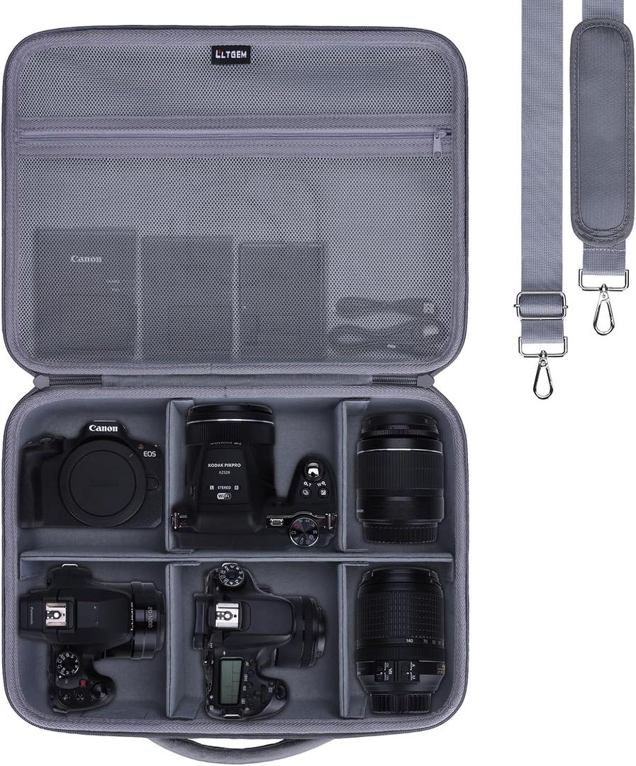 L LTGEM Large Camera Case Compatible with Canon/Sony/Nikon DSLR Mirrorless Camera and Multiple Lens, Hard Travel Carrying Case with 5 Dividers and Shoulder Strap, Gray