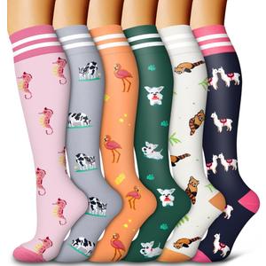 Bluemaple 6 Pack Copper Compression Socks for Women and Men Circulation-Best Support for Medical, Running,Nursing,Athletic (Large-X-Large, D-assorted1-streak Animal)