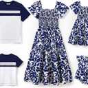 PATPAT Family Matching Outfits Boho Floral Print Square Neck Puff Sleeve Smocked Dress and Short Sleeve T-Shirts Matching Set (Small, Deep Blue)