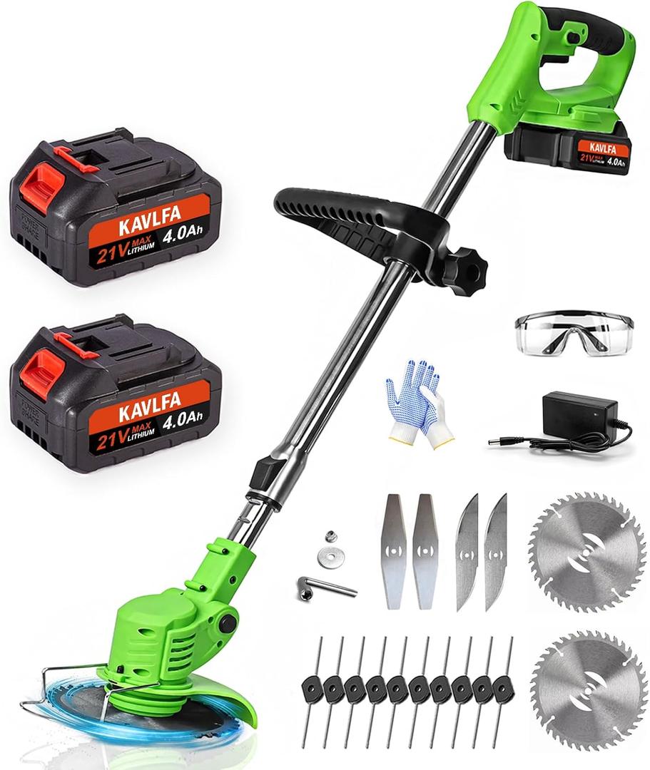 Electric Weed Wacker Cordless, 21V Weed Cordless Eater, 4 in 1 Lightweight Stringless Brush Cutter, with 2 Pcs 4.0 Ah Battery Grass Trimmer, 4 Types Blades for Yard Clearing (Green)