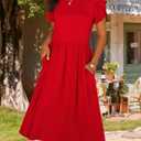 HOTOUCH Women's Summer A-Line Midi Dresses 2026 Casual Floral Short Sleeve T-Shirt Dress Flowy Beach Sundress with Pockets (Red)