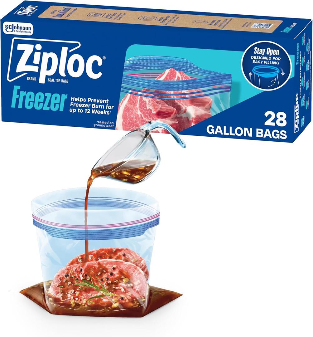 Ziploc Gallon Food Storage Freezer Bags, Stand-Up Bottom, Easy to Fill, 28 Count (Packaging May Vary)