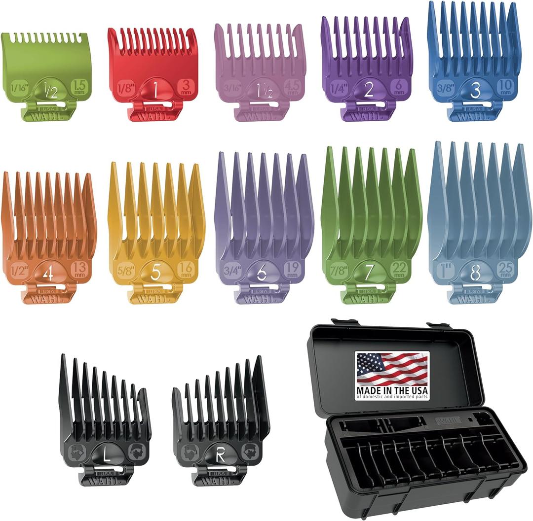 Wahl Clipper Genuine Secure-Fit Attachment Guard Organization Kit with Color Pro Colored Hair Clipper Guide Combs, 14 Piece Premium Storage Kit Hair Clippers, Multicolor - 3291-100