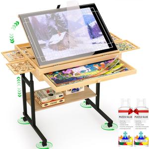 Wooden Puzzle Table with Storage for 300-1500 Piece Puzzles  Adjustable Height & Tilt, Felt Cover, Metal Stand, Lockable Wheels, Perfect for Puzzle Lovers & Adults (Puzzle Table-M)