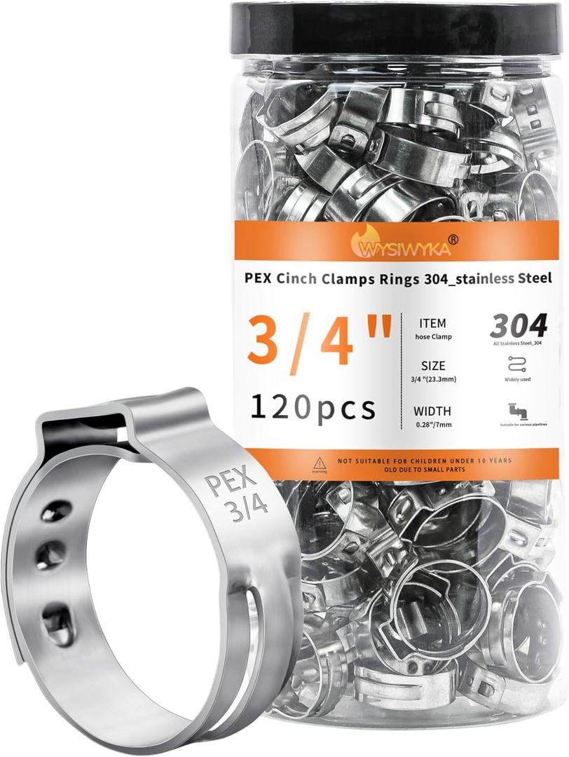 120pcs 3/4 inch PEX Cinch Clamps Rings, 304 Stainless Steel Single Ear Hose Clamps, Heavy Duty Pex Crimp Rings for PEX Tubing Pipe Fitting Connections