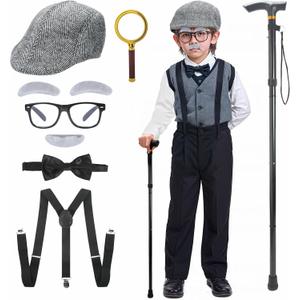 TaikaoQi Old Man Costume for Kids 100 Day of School Costume for Boys  Grandpa Cosplay Accessories with Hat, Glasses, Cane, Bow Tie, Suspenders, Magnifying Glass, Eyebrows & Mustache