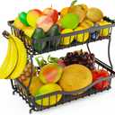 Large 2 Tier Fruit Basket for Kitchen Counter with 2 Banana Hangers, Metal Fruit Bowl with Protection Mats for Vegetable Bread Snack, Countertop Organizer  Black, 14.5" W x 9.5" D