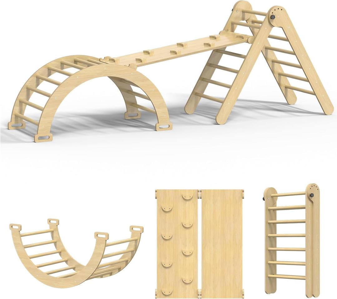 Pikler Triangle Set, 7 in 1 Foldable Climbing Toys Set for Kids, Baby Jungle Gym with Ramp & Arch,Wooden Montessori Climbing Set Indoor for Toddler (Natural)