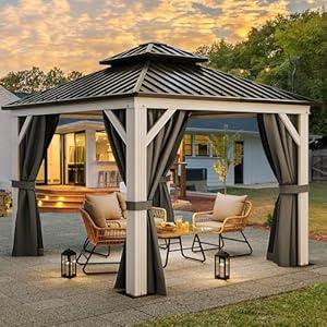 YITAHOME 10X10FT Hard Top Metal White Gazebo Patios Double Roof Canopy Aluminum Frame Garden Gazebo Tent Curtains Netting for Patios Backyards Decks Lawns White