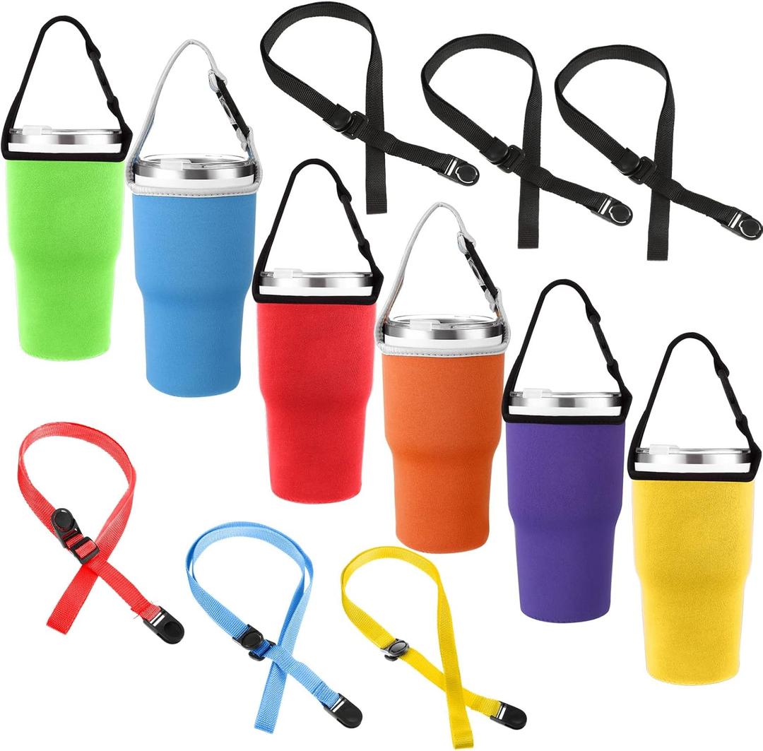 6 Pieces 30oz Tumbler Carrier Holder Pouch with Shoulder Strap Reusable Cup Holder Pouch Neoprene Insulator Cup Sleeve Cover Drinks Sleeve (Bright Colors)