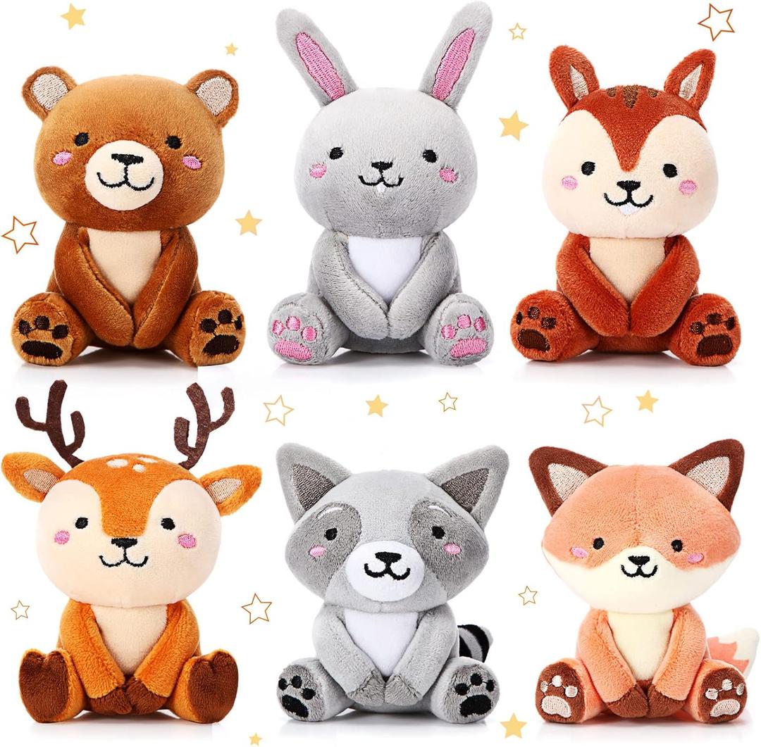 Aoriher 6 Pcs Mini Woodland Animals Plush Toys Gift 4 Inch Cute Plush Bear Rabbit Squirrel Raccoon Stuffed Keychain for Baby Shower Birthday Party Centerpiece Decor Classroom Prizes(Regular Style)