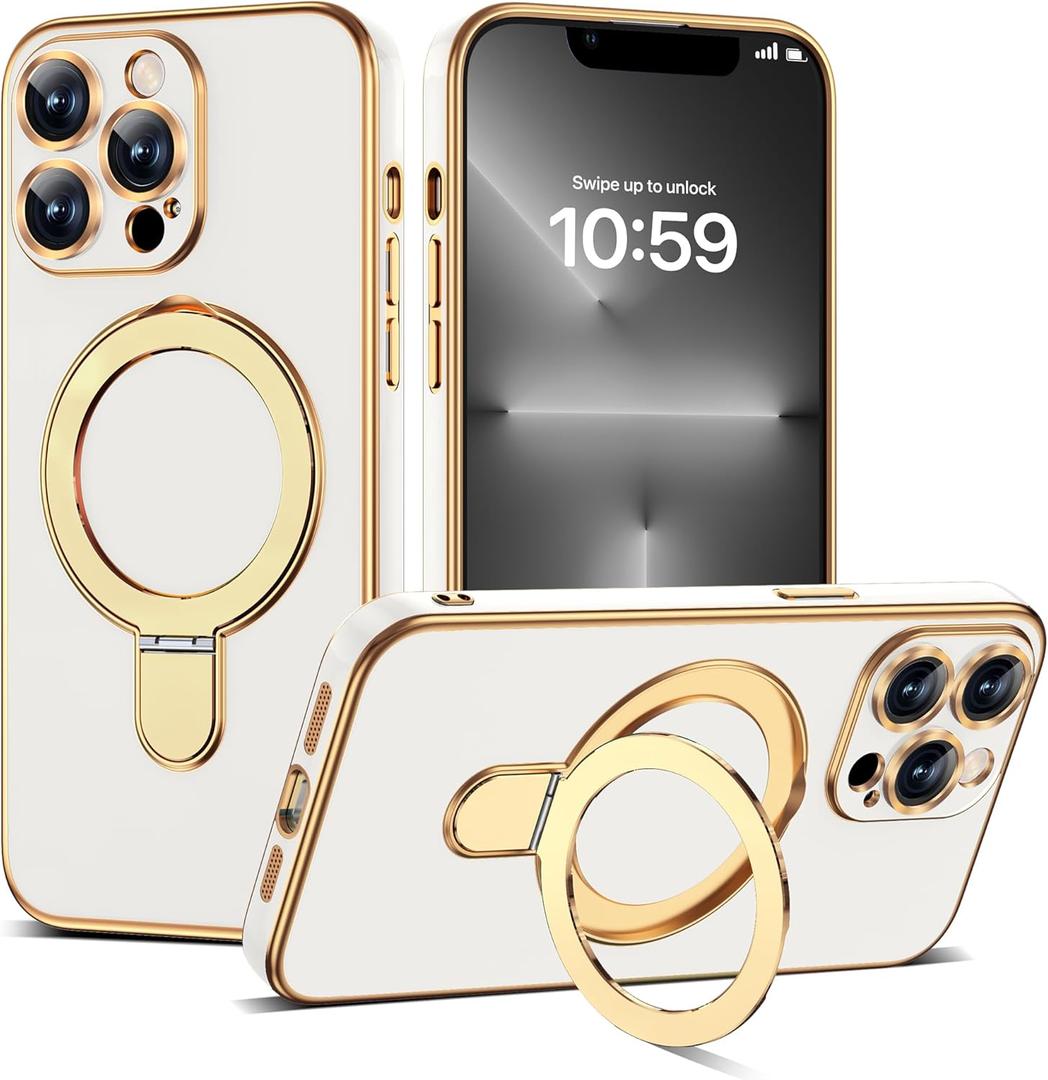 Compatible with iPhone 13 Pro Max Case with Magnetic Ring Stand [Compatible with Mag-Safe] Full Camera Lens Protector Soft Plating Shockproof Phone Case for iPhone 13 Pro Max 6.7", White
