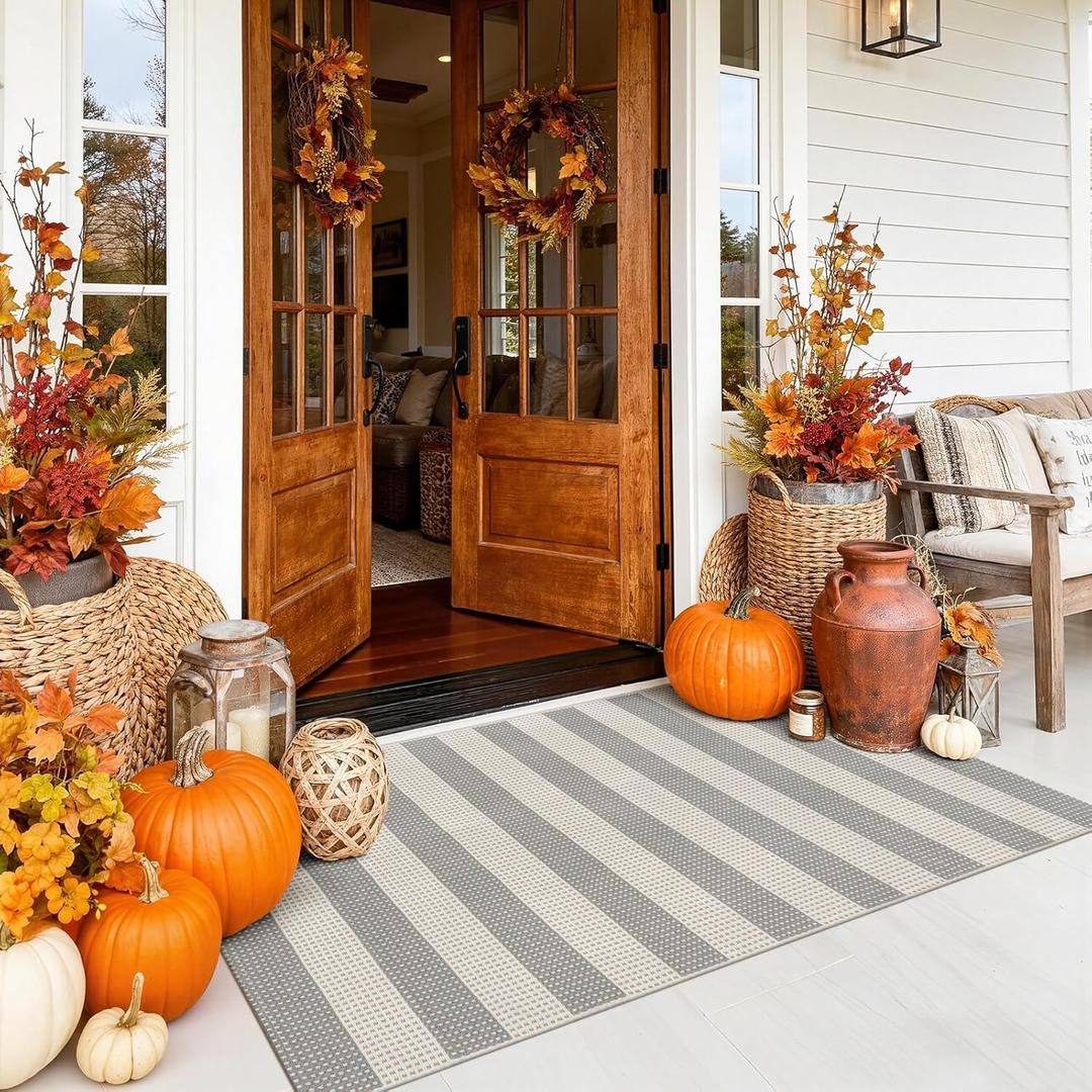 Grey and White Striped Rug-3x5 Fall Front Door Mat Outdoor,Washable Reversible Porch Rug Cotton Hand-Woven Spring Doormat, Foldable Layered Door Mats for Entryway/Farmhouse