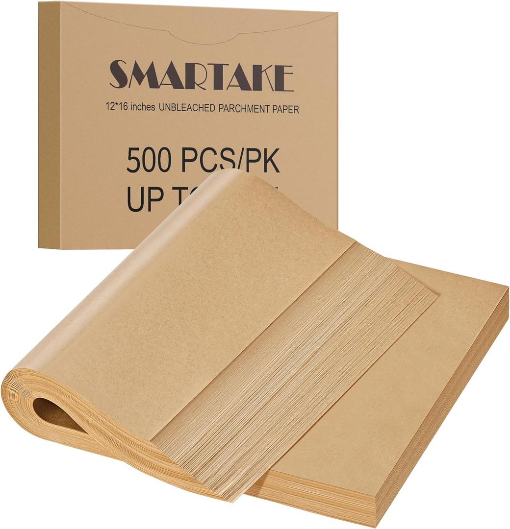 SMARTAKE 500 Pcs Parchment Paper Baking Sheets, 12x16 Inches Non-Stick Precut Baking Parchment, for Baking Grilling Air Fryer Steaming Bread Cup Cake Cookie and More (Unbleached)