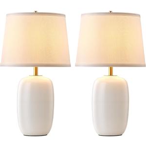 PUSU 22 Inch White Ceramic Table Lamps Set of 2, Fabric Lampshade Living Room Office Desk lamp, E26 Socket Rotary Switch Lighting for Bedroom, Nightstand, Reading, Office, Study, Corner, Home Decor