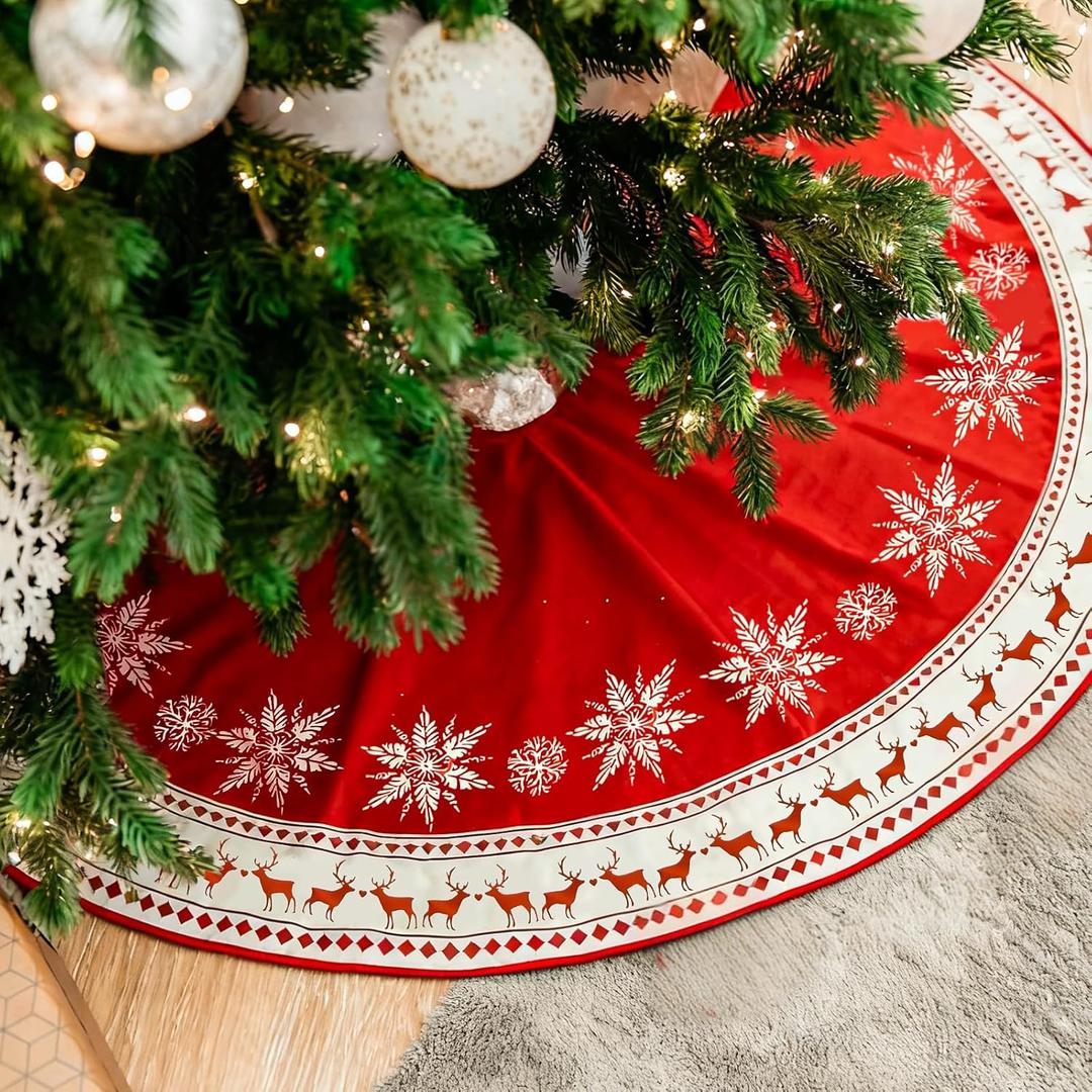 Christmas Tree Skirt 48 Inch Red Rustic Snowflake Reindeer Xmas Tree Skirt, Large Farmhouse Holiday Tree Mat for Christmas Decorations, Winter New Year Party Indoor Outdoor Decor (Red)