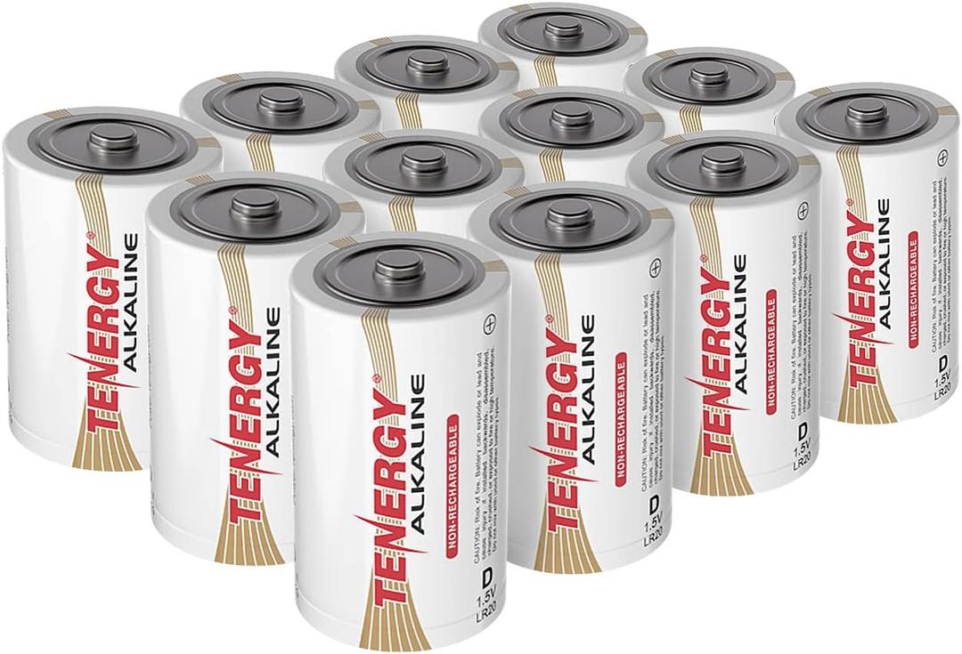 Tenergy 1.5V D Alkaline LR20 Battery, High Performance D Non-Rechargeable Batteries for Clocks, Remotes, Toys & Electronic Devices, Replacement D Cell Batteries, 12 Pack