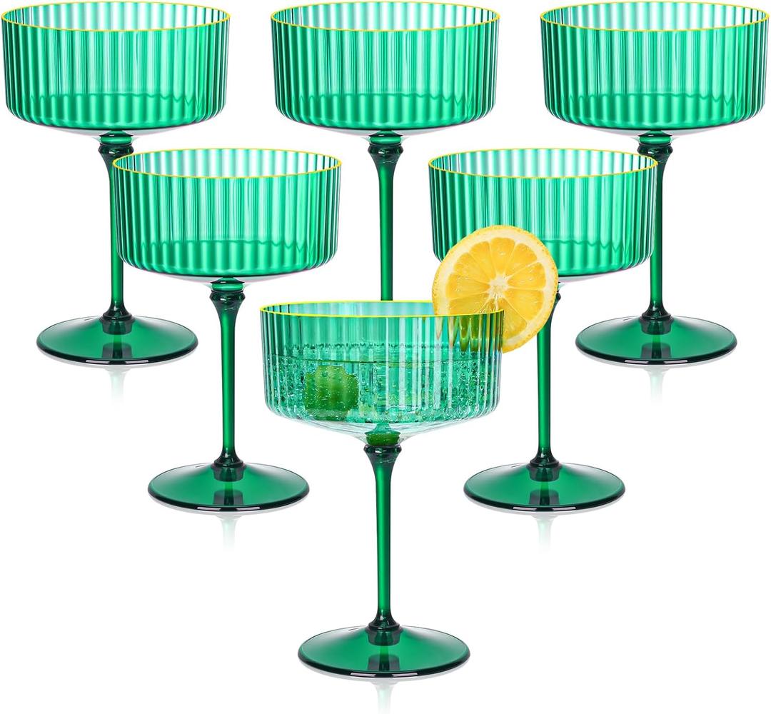 HKSZEH 12 PCS Plastic Martini Glasses 10 oz Detachable Gold Rim Green Ribbed Coupe Glasses Vintage Christmas Martini Cocktail Glass for Bar,Margarita,Gin,Tequila, Desserts and Snacks