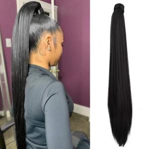 SEIKEA 32 Inch Clip in Ponytail Extension Wrap Around Long Straight Pony Tail Hair Synthetic Hairpiece for Women - Black