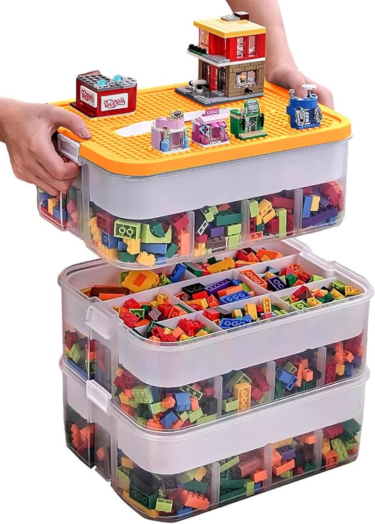 Kids Toy Organizer for Lego Stackable Storage Compartments Bins With Base Plates Lids 3 Tiers Clear Building Bricks Board Game Puzzle Boxes Plastic Craft Sorting Separator Travel Chest Case (Yellow - Three tiers)