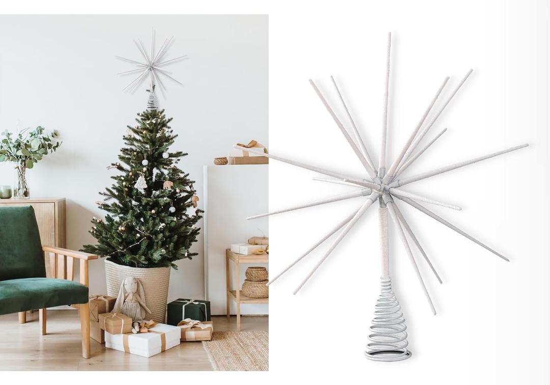 Christmas Traditions15 inch Large White Iridescent Glittered Starburst Tree Topper Star for Large Tree 6 feet-8 feet Tall/Home Decor/Table/Shelf Ornaments (White Iridescent)