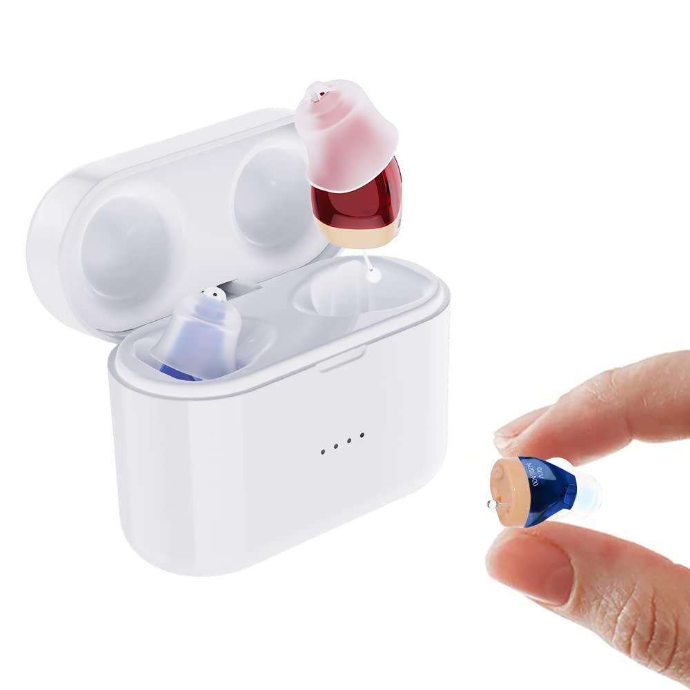 Rechargeable Invisible Hearing Aids for Seniors & Adults, Noise Cancelling, With Portable Charging Case, Blue & Red