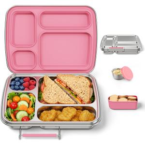 Stainless Steel Bento Box for Kids, Kids Lunch Box with 4-Compartment, Metal Lunch Box with Silicone Container & Sauce Cup, Durable Lunch Box Containers for School and Office (Pink)
