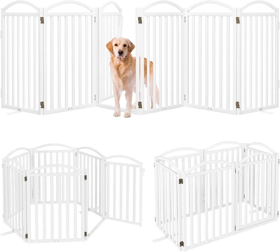 Malier Metal Freestanding Dog Gates with Door, 32'' Height Outdoor Indoor Dog Fences, Extra Wide Foldable Puppy Gate for Stairs (White, 6 Panels with Door 120''W 32''H)