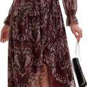 Women's Bohemian Floral Print Tie-Waist Wrap Midi Dress - Long Sleeve V-Neck Asymmetrical Hem Flowy Chiffon Dress, XL