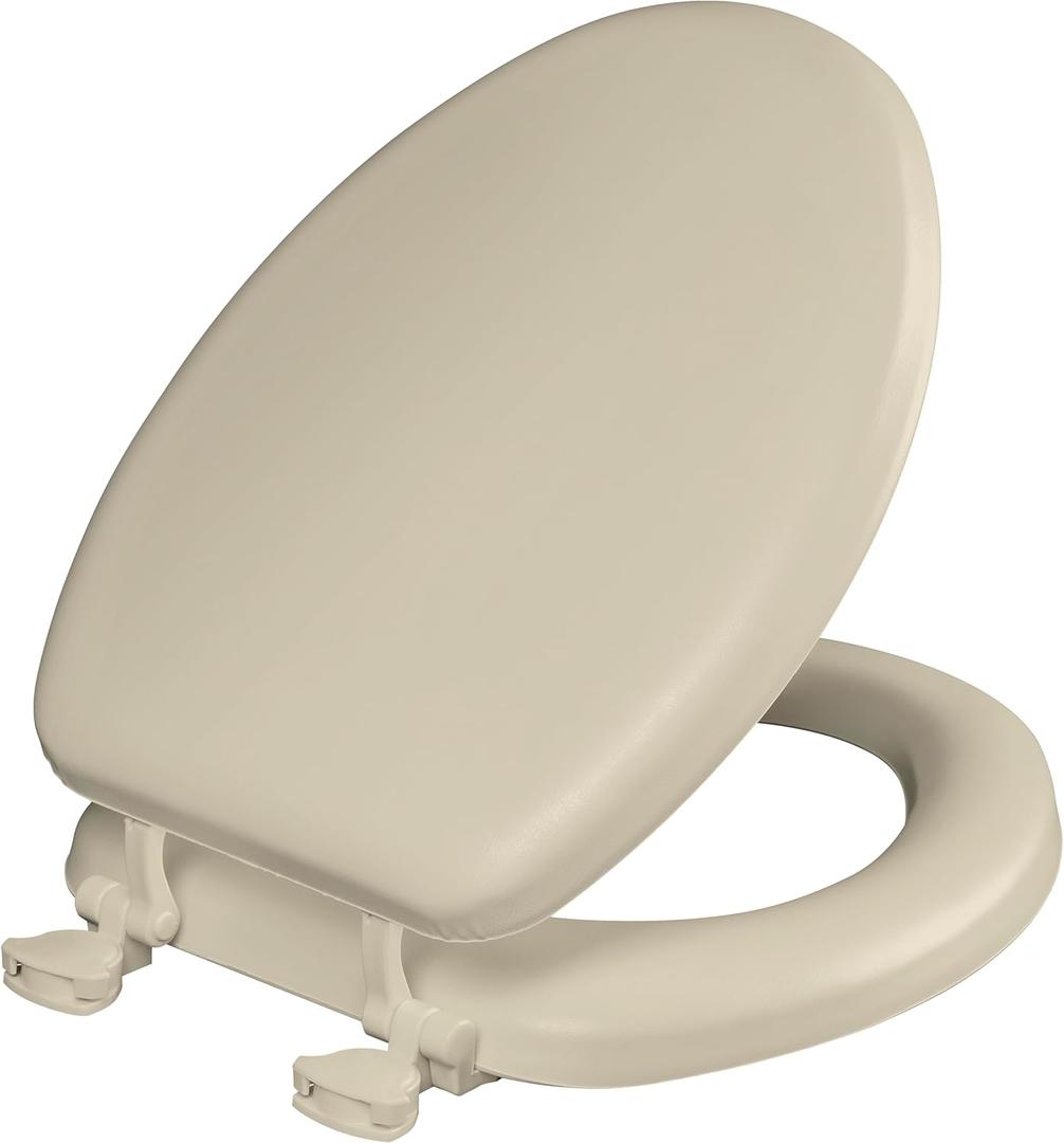 Mayfair Padded Toilet Seat, Cushioned Soft Vinyl over Wood Core Seat, Secure Hinges, Easy Clean, Made in USA, Elongated, Bone (Round)