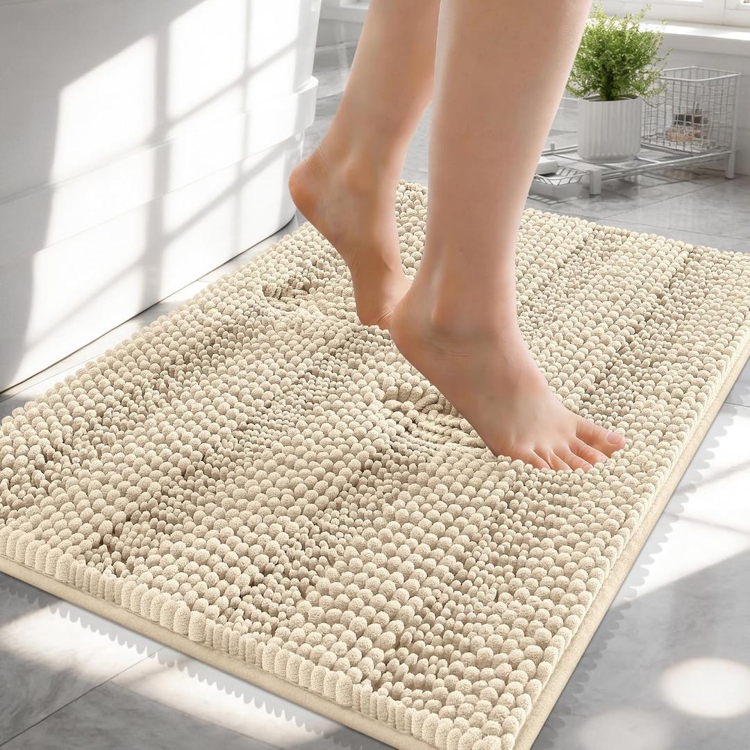 OLANLY Thick Bathroom Rugs 24x16, Extra Soft Absorbent Chenille Striped Bath Rugs, Rubber Backing, Machine Wash Dry, Bath Mats for Bathroom Floor, Tub and Shower, Home Decor Accessories, Sand
