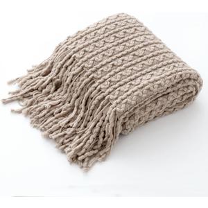 MIULEE Beige Throw Blanket for Couch Soft Textured Knitted Blanket with Tassels Cozy Woven Decorative Boho Lightweight Breathable Blanket for Sofa Bed Chair Wave Pattern for All Seasons (Throw Size-(50" x 60"))