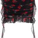 Verdusa Women's Floral Mesh Micro Mini Skirts Ruched High Waist Bodycon Ruffle Skirt (Black, L)