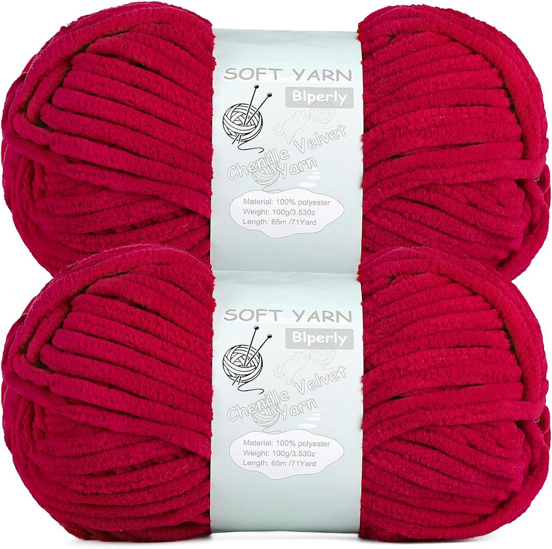 Chunky Chenille Yarn Velvet Soft Super Bulky Size 6 for Crocheting Knitting, Baby Blanket Yarn, 100g 71 Yds per Skein, Easy to Use for Scarves, Amigurumi, Crafts (2, Jujube Red)