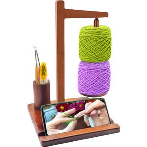 Hobekoee Wooden Yarn Holder for Crocheting and Knitting,Upgrade Magnetic Yarn Holder Spinner with Phone SlotCrochet Storage Cup,360 Rotation Yarn Ball Holder,Crochet Lovers/Ideal Gift (Dark Brown)