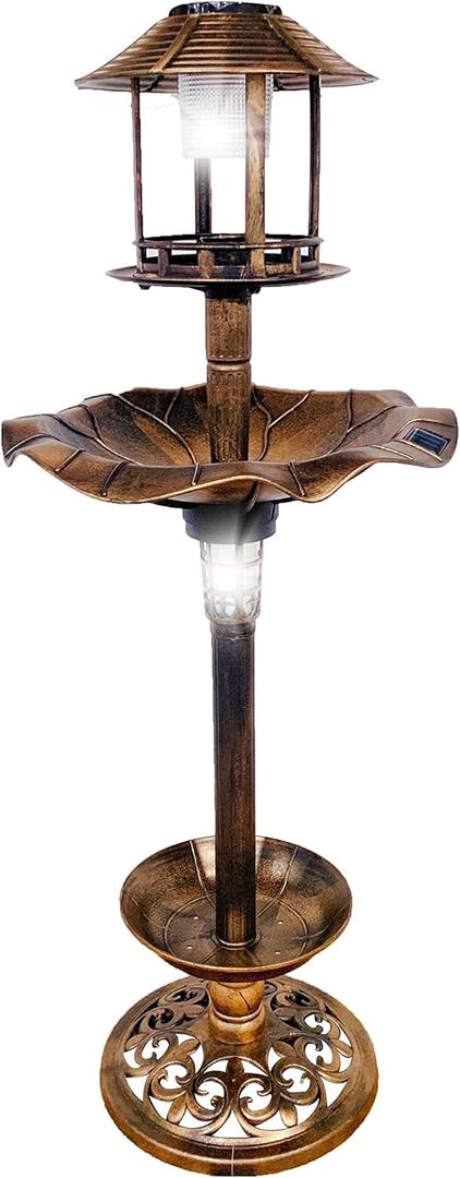 BTEXPERT Outdoor Solar Garden Bird Bath Vintage Lighted Pedestal Fountain Flower Birdbath Planter Accents Decoration Yard Statue Feeder, Decorative Cage, Fillable Stand Polyresin (Bronze 1)