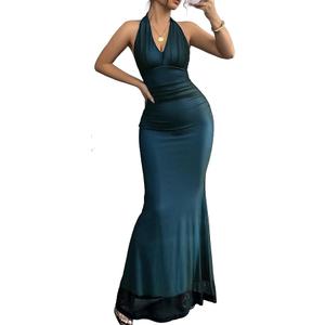 Narecte Women’s Halter Neck Maxi Dress Deep V Neck Sleeveless Bodycon Evening Party Wedding Guest Formal Dress M