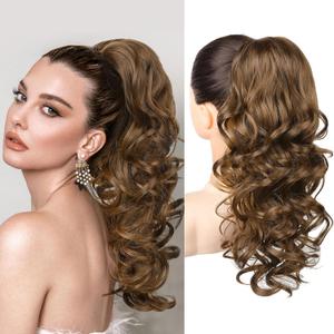 REECHO Ponytail Extension, 18 inch Wavy Drawstring Ponytail Hair Extension for Women, Natural Synthetic Fake Pony Tails Hair Extensions Clip in Hairpiece for Women, Chocolate Brown