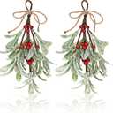 Christmas Decor - Green Mistletoe Bunch with Bow, Xmas Ornament - Glitter Hanging for Home Party(2pcs)