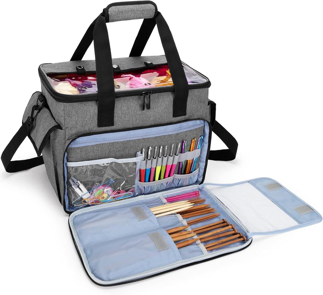 CURMIO Knitting Bag, Yarn Storage Tote with Compartments for Knitting Needles, Crochet Hooks, Knitting Project and Accessories, Bag Only, Gray