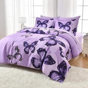 ARTALL Bed in A Bag Full/ Queen Size 7 Pieces, Purple Big Butterfly Bedding Comforter Set All Season Bed Set with Comforter, Pillow Shams, Flat Sheet, Fitted Sheet, Pillowcases