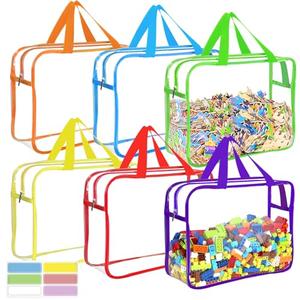 6 Color Large Toy Storage Bags with Labels, Reusable Clear PVC Board Game Storage, Travel Waterproof Organizer Bags with Zipper for Building Blocks, Puzzle, Kids Books