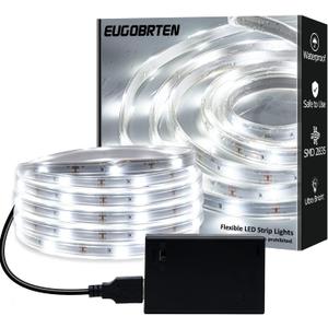 LED Rope Lights Outdoor Waterproof Battery Led Strip Lights, 16.4ft Flexible White Led Strip Lights Battery Powered Brighter Battery Powered White Lights for Camp Party Bedroom TV