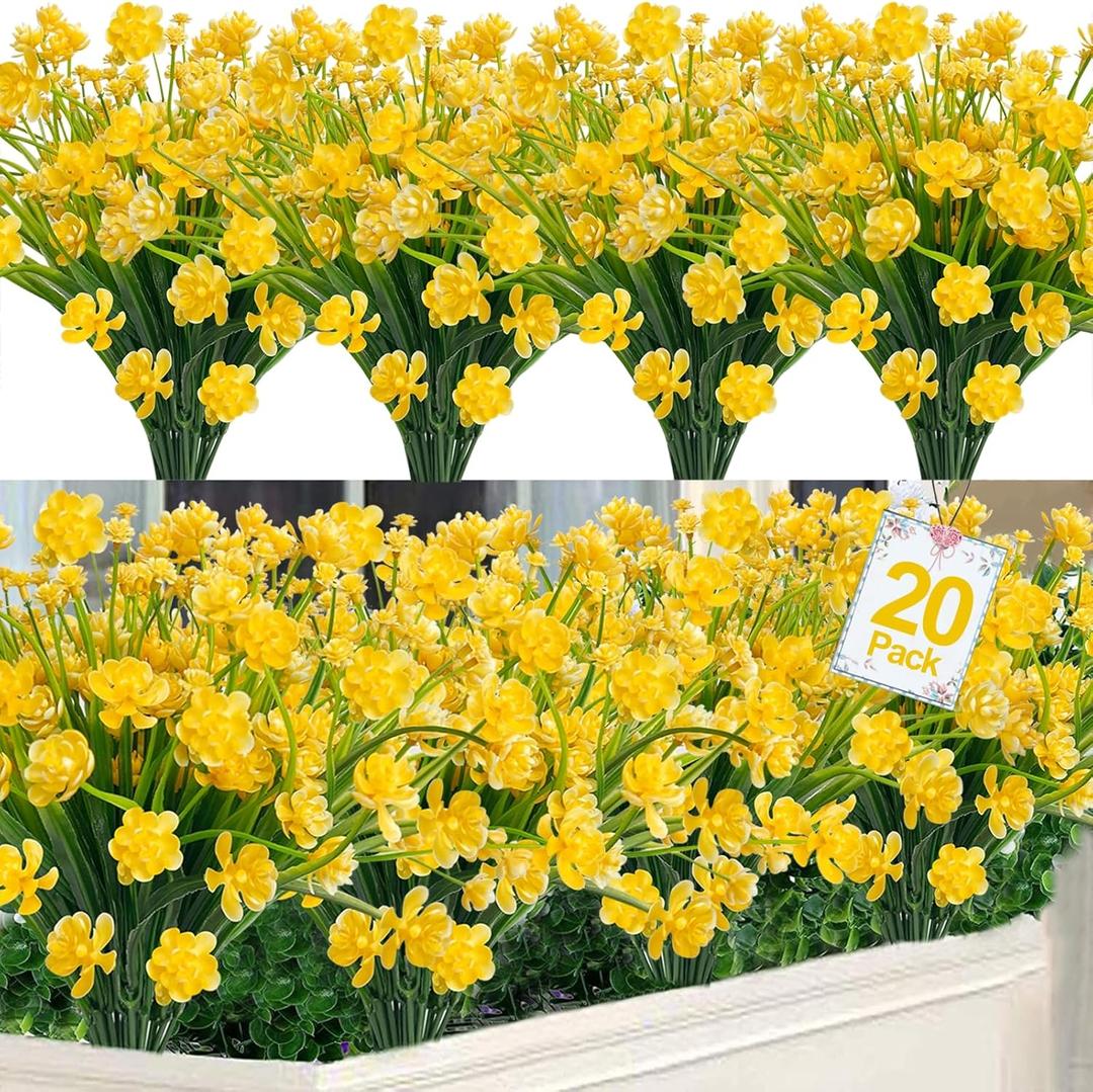 TURNMEON 20 Bundles Artificial Flowers for Outdoors, Summer Spring Grass Camellia Fake Flowers Plastic Plants,UV Resistant No Fade Faux Greenery for Gardens Porch Yards Cemetery Decor 500 Head (Yellow)