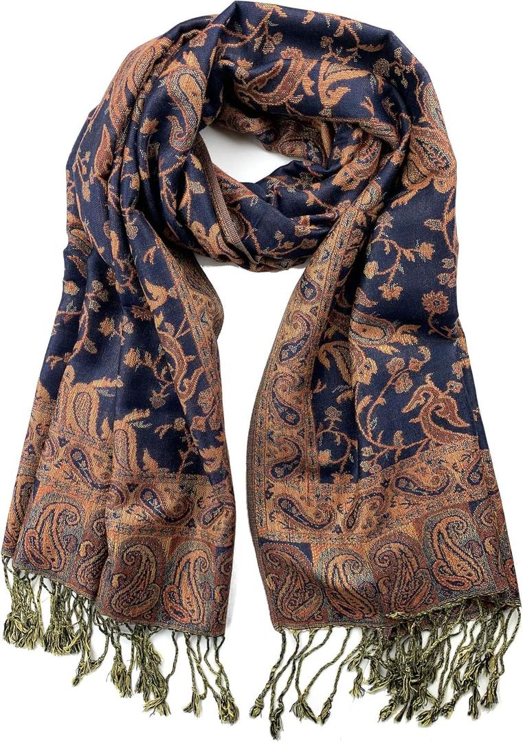 Plum Feathers Pashmina Scarf with Ethnic Tapestry Style Paisley Pattern - 67" x 28" Everyday Pashmina Travel Wrap and Shawl (Navy Orange Floral Paisley)

ASIN: B07QG63K