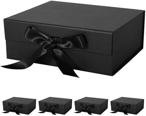 LFBOX Black Gift Box with Ribbon Magnetic Lids 10.2x9x3.74 in, Bridesmaid Groomsman Proposal Boxes, Wedding Graduation Storage Box 5 Pack