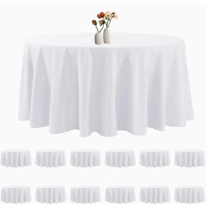 12 Pack Round Tablecloth 132 Inches White Table Cloth Stain and Wrinkle Resistant Washable Polyester Fabric Table Cover for Party, Wedding and Banquet Decoration
