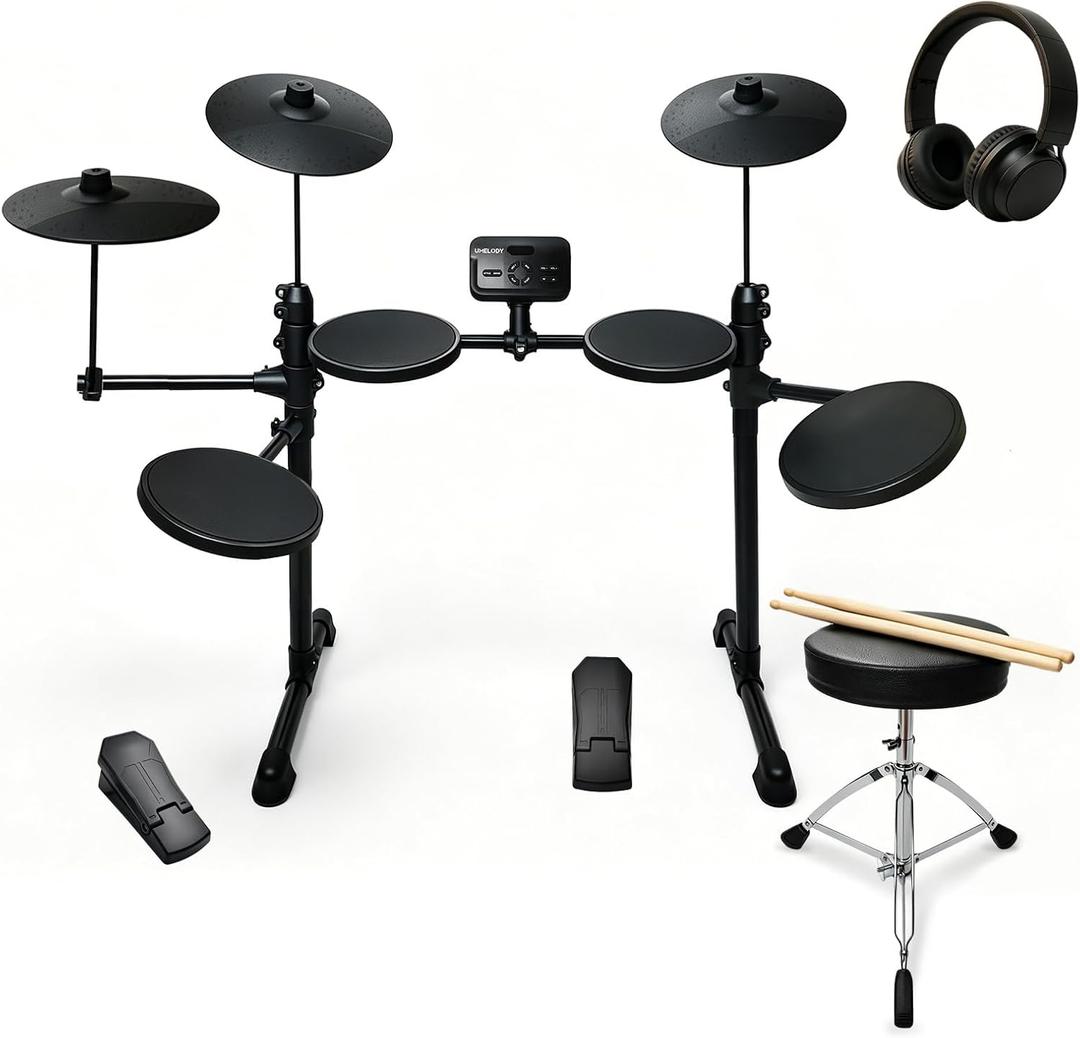 Electric Drum Kit for Beginner Home Practice with 10" Cymbals, USB MIDI, 7 Drum Kits, 70 Sounds,Throne, Headphones, Sticks,foldable drum set gift